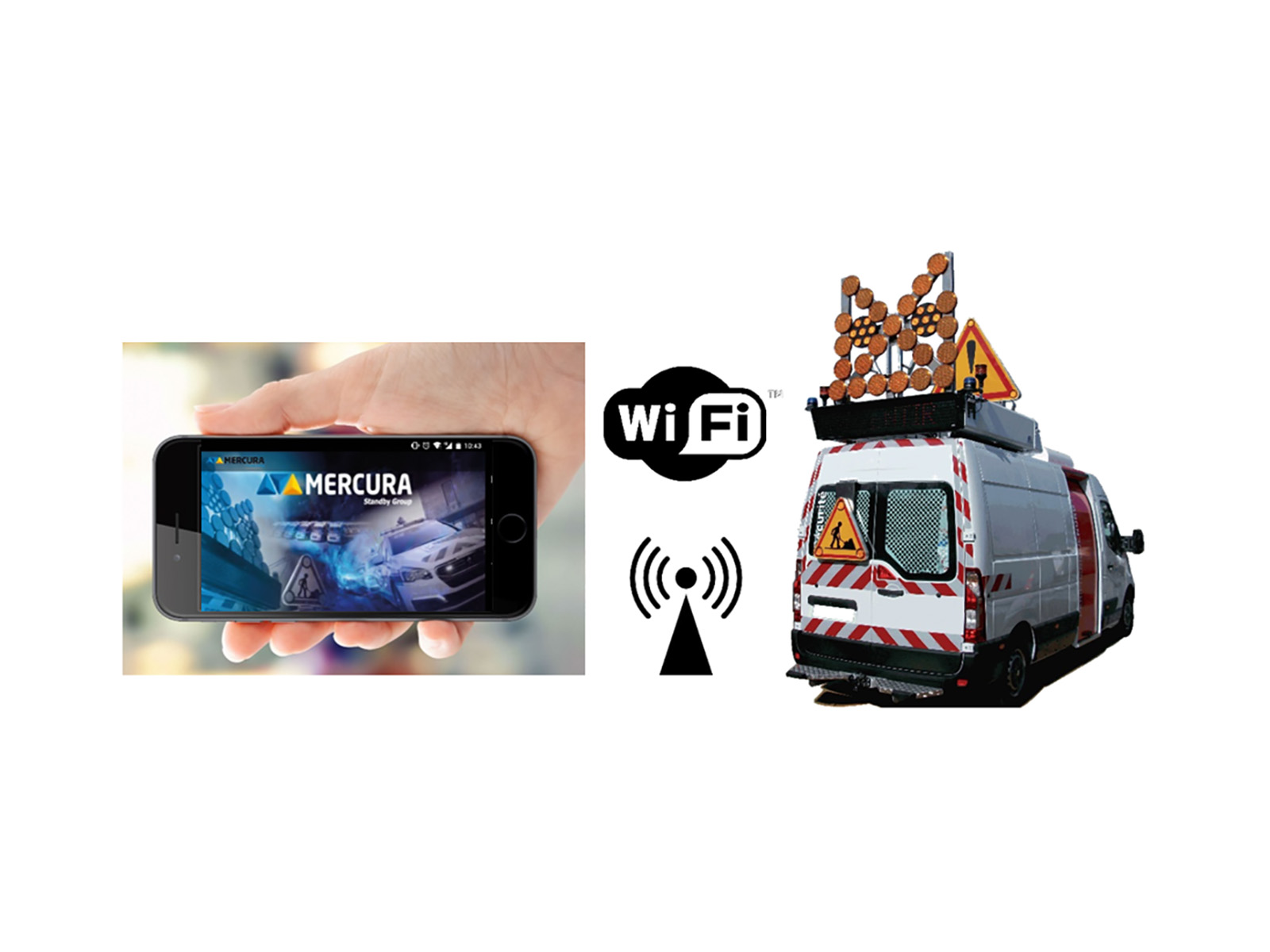 Standby Mercura Roof Kit App shown on Mobile Phone in Hand with Van Lighting Setup and Wifi Symbol