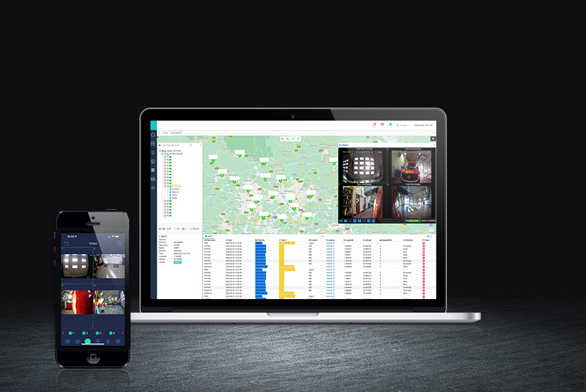 Software on laptop and phone screen against dark background