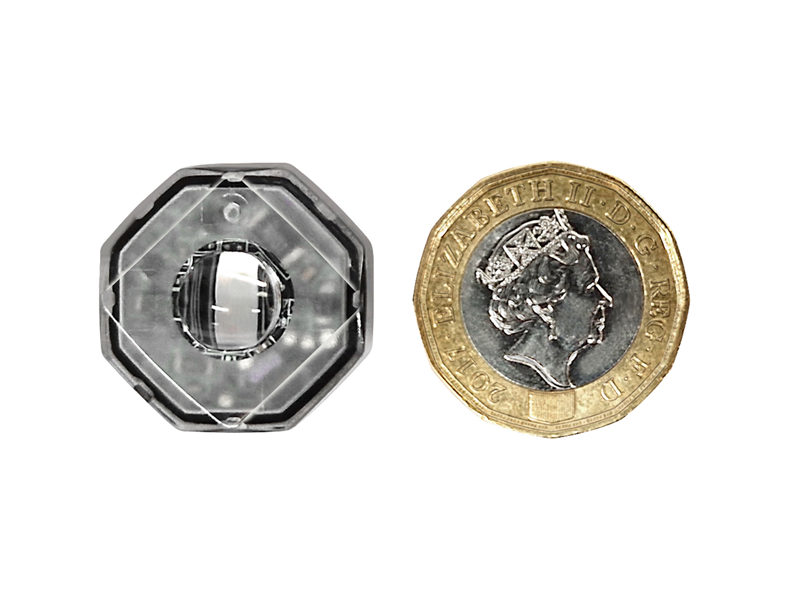 Octa-Fit Discreet LED Module (F019) Scale Image Showing Roughly Same Size as Pound Coin